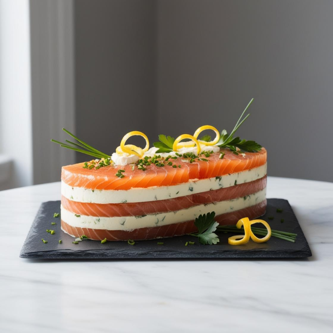 Gravlax millefeuille, vegetables, basil and citrus vinaigrette