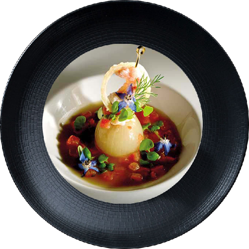 Sweet Cévennes onion stuffed with Dublin bay prawn tartare and caramelised tomato, cold onion and basil soup